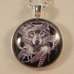 Men's Silver Gray Wolf Native Warrior Pendant Cabochon Chain Necklace Party Gift